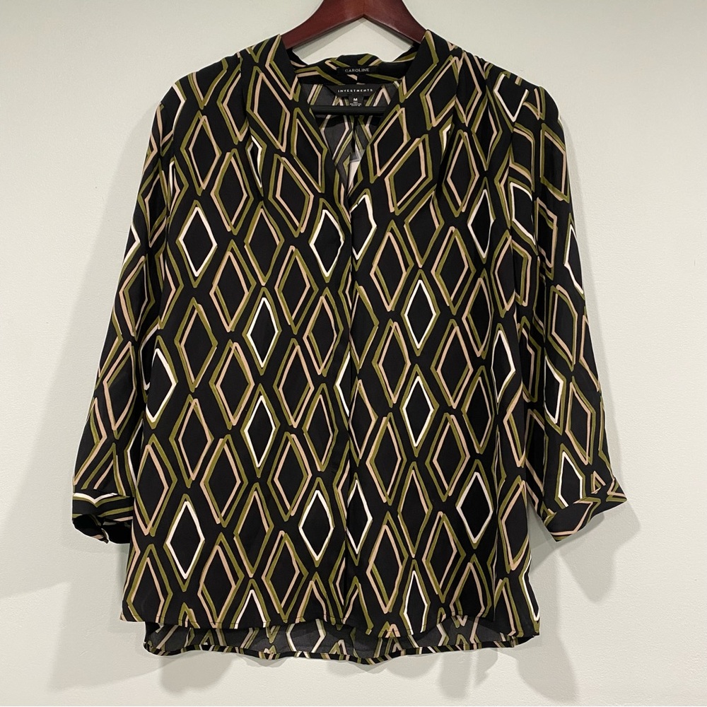 Investments Caroline V-Neck Blouse 3/4 Sleeve Button Front Diamond Print Medium